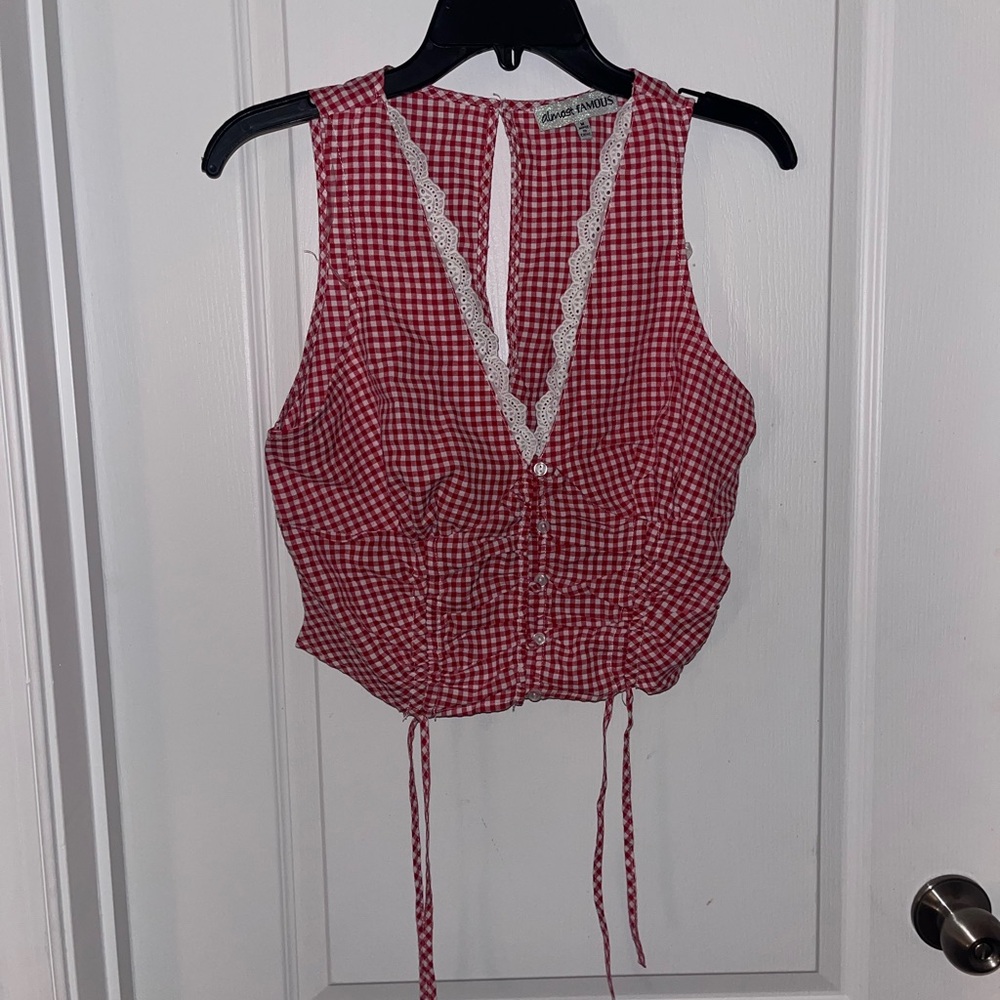Red Gingham Lace Trim Top